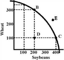 Figure 3-6    -In Figure 3-6 assume this economy is currently operating at point D.What is the opportunity cost of moving to B? A) about 200 bushels of wheat  B) 200 bushels of soybeans  C) Infinite, B cannot be produced at any cost. D) 0
