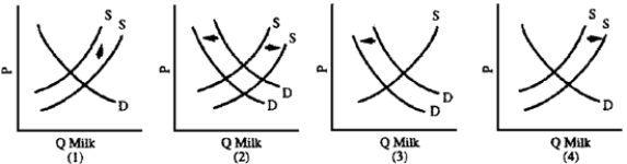 Figure 4-13    -The drug BGH (bovine growth hormone)  dramatically increases the milk output of dairy cows.Farmers in Wisconsin, a big dairy state, vigorously oppose licensing the drug, fearing that excess supply and a consumer reaction on the purity of food issue will put many of them out of business.Which graph in Figure 4-13 best illustrates the farmers' fears? A) 1  B) 2  C) 3  D) 4