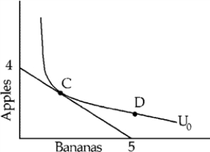 Figure 5-16    -Figure 5-16 shows Adam's purchases of bananas and apples when apples cost $5 each and bananas $4 each.The information implies that Adam's income A) must be $9. B) must be $20. C) must be $40. D) Adam's income cannot be determined without further information.