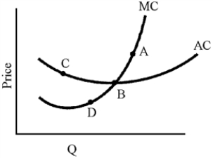 Figure 12-1    -In Figure 12-1, for a monopolistically competitive firm, long-run equilibrium can occur only at the quantity indicated by which point? A) A  B) B  C) C  D) D
