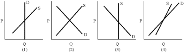 Figure 18-3    -In which panel of Figure 18-3 would an excise tax be borne entirely by the supplier? A) 1  B) 2  C) 3  D) 4