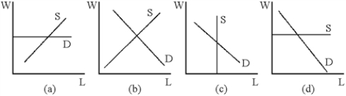 Figure 20-1    -Which of the diagrams in Figure 20-1 shows the situation of an individual firm that hires labor in a perfectly competitive market? A) A  B) B  C) C  D) D