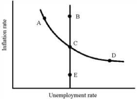 Figure 17-8    -In Figure 17-8, which of the following movements reflects the closing of a recessionary gap through the economy's self-correcting mechanism? A) A to B  B) A to C  C) C to E  D) D to E