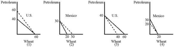 Figure 22-3    -In Figure 22-3, the solid lines represent the respective production possibilities curves for the United States and Mexico.Which graphs show the correct consumption possibilities curves (dashed lines)  after an agreement is reached to trade 1 unit of wheat for 1 unit of petroleum? A) (1)  and (4)   B) (1)  and (2)   C) (2)  and (3)   D) (3)  and (4) 