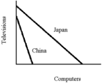 Figure 22-5    -From the graph in Figure 22-5 (curves show output per unit of labor input) , one can infer that A) Japan has an absolute advantage in TVs and computers, but a comparative advantage only in TVs. B) Japan has only a comparative advantage in TVs. C) Japan has an absolute advantage in both TVs and computers, but a comparative advantage only in computers. D) China has a comparative advantage in computers.