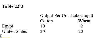        -The data in Table 22-3 indicate that the United States has A) an absolute advantage in both goods, and a comparative advantage in cotton. B) an absolute advantage in both goods, and a comparative advantage in wheat. C) only a comparative advantage in wheat. D) only a comparative advantage in cotton.