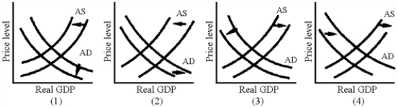 Figure 20-4    -Which of the situations illustrated in Figure 20-4 shows a currency appreciation leading to disinflation? A) 1  B) 2  C) 3  D) 4
