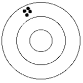 The figure below represents the bull's eye target for an archer.The black dots represent where the archer's arrows hit:   How can this archer be described? A) precise but not accurate B) neither accurate nor precise C) accurate and precise D) accurate but not precise E) cannot be described from the data presented