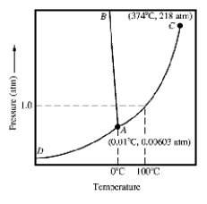 Given the accompanying phase diagram,under what conditions will solid be found in equilibrium with either liquid or gas?   A) Anywhere along curve AB. B) Anywhere along curve AC. C) Anywhere along curve AD. D) Anywhere along curve AB and AD. E) Anywhere along curve AC and AD.