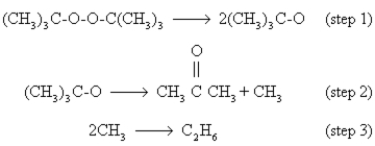 A mechanism that explains the rate law,Rate = k[(CH<sub>3</sub>) <sub>3</sub>CO<sub>2</sub>C(CH<sub>3</sub>) <sub>3</sub>],for the gas-phase thermal decomposition of di-tert-butyl peroxide is given below.   For this proposed mechanism,the rate-determining step(s) must be A) step 1. B) step 3. C) step 2. D) step 1 + step 2 + step 3. E) 2 times step 2.