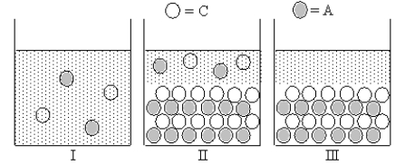Cation C and anion A form an ionic compound for which K<sub>sp</sub> = s<sup>2</sup>,where s is the molar solubility of the ionic compound.Which of Figures I-III represent(s) possible results of the mixing of an aqueous solution containing cation C with an aqueous solution containing anion A?   A) only I B) only III C) both I and III D) both I and II E) only II