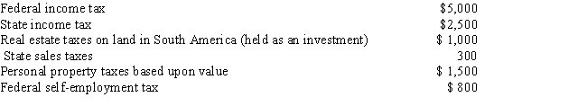 <strong>During the current year,Seth,a self-employed individual,paid the following taxes: What amount can Seth claim as an itemized deduction for taxes paid during the current year?  </strong> A)$2,400 B)$3,300 C)$4,200 D)$5,000 E)None of the above <div style=padding-top: 35px> 