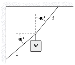 If M = 1.1 kg,what is the tension in string 1?   A) 54 N B) 47 N C) 40 N D) 62 N E) 57 N 