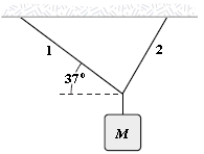 An object of unknown weight is suspended as shown.The tension in rope 1 is 25 lb,and the tension in rope 2 is 31 lb.What is the weight of the suspended object?   A) 36 lb B) 33 lb C) 41 lb D) 39 lb E) 56 lb 