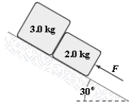 The surface of the inclined plane shown is frictionless.If F = 30 N,what is the magnitude of the force exerted on the 3.0-kg block by the 2.0-kg block?   A) 18 N B) 27 N C) 24 N D) 21 N E) 15 N 