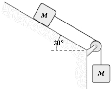 If M = 2.2 kg,what is the tension in the connecting string? The pulley and all surfaces are frictionless.   A) 6.4 N B) 5.9 N C) 5.4 N D) 6.9 N E) 8.3 N 