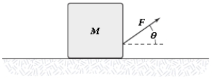 The block shown is pulled across the horizontal surface at a constant speed by the force shown.If M = 5.0 kg,F = 14 N and θ = 35°,what is the coefficient of kinetic friction between the block and the horizontal surface?   A) 0.44 B) 0.33 C) 0.38 D) 0.28 E) 0.17 