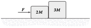 The coefficient of kinetic friction between the surface and the larger block is 0.25,and the coefficient of kinetic friction between the surface and the smaller block is 0.40.If F = 22N and M = 1.0 kg in the figure,what is the magnitude of the acceleration of either block?   A) 1.8 m/s<sup>2</sup> B) 2.6 m/s<sup>2</sup> C) 1.4 m/s<sup>2</sup> D) 2.2 m/s<sup>2</sup> E) 3.7 m/s<sup>2</sup> 