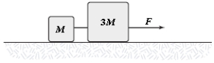 In the figure,the coefficient of kinetic friction between the surface and the larger block is 0.20,and the coefficient of kinetic friction between the surface and the smaller block is 0.30.If F = 14 N and M = 1.0 kg,what is the magnitude of the acceleration of either block?   A) 2.0 m/s<sup>2</sup> B) 1.3 m/s<sup>2</sup> C) 1.5 m/s<sup>2</sup> D) 1.8 m/s<sup>2</sup> E) 3.5 m/s<sup>2</sup> 