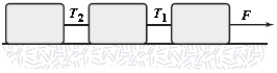 Three boxes slide on a frictionless horizontal surface when pulled by a force of magnitude F.When we compare the tensions T<sub>1</sub> and T<sub>2</sub> with the force F,we find that   A) T<sub>1</sub> = T<sub>2</sub> = F. B) T<sub>1</sub> = F > T<sub>2</sub>. C) F > T<sub>1</sub> = T<sub>2</sub>. D) F > T<sub>1</sub> > T<sub>2</sub>. E) F − T<sub>1</sub> < T<sub>1</sub> − T<sub>2</sub>. 