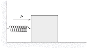 A 7.0-kg block on a horizontal frictionless surface is attached to a light spring (force constant = 1.2 kN/m) .The block is initially at rest at its equilibrium position when a force of magnitude P acting parallel to the surface is applied to the block,as shown.When the block is 8.0 cm from the equilibrium position,it has a speed of 0.80 m/s.How much work is done on the block by the force P as the block moves the 8.0 cm?   A) 7.4 J B) 5.4 J C) 6.1 J D) 6.7 J E) 4.9 J 