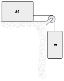 A mass m = 4.0 kg is connected,as shown,by a light cord to a mass M = 6.0 kg,which slides on a smooth horizontal surface.The pulley rotates about a frictionless axle and has a radius R = 0.12 m and a moment of inertia I = 0.090 kg⋅m<sup>2</sup>.The cord does not slip on the pulley.What is the magnitude of the acceleration of m?   A) 2.4 m/s<sup>2</sup> B) 2.8 m/s<sup>2</sup> C) 3.2 m/s<sup>2</sup> D) 4.2 m/s<sup>2</sup> E) 1.7 m/s<sup>2</sup> 