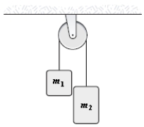 Two blocks,m<sub>1</sub> = 1.0 kg and m<sub>2</sub> = 2.0 kg,are connected by a light string as shown in the figure.If the radius of the pulley is 1.0 m and its moment of inertia is 5.0 kg⋅m<sup>2</sup>,the acceleration of the system is   A) (1/6) g B) (3/8) g C) (1/8) g D) (1/2) g E) (5/8) g 