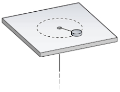 A puck on a frictionless air hockey table has a mass of 5.0 kg and is attached to a cord passing through a hole in the surface as in the figure.The puck is revolving at a distance 2.0 m from the hole with an angular velocity of 3.0 rad/s.The angular momentum of the puck (in kg⋅m<sup>2</sup>/s) is   A) 80 B) 20 C) 30 D) 60 E) 50 
