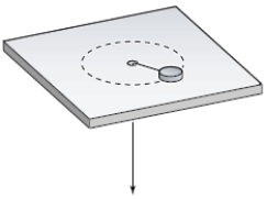 A puck on a frictionless air hockey table has a mass of 5.0 g and is attached to a cord passing through a hole in the surface as in the figure.The puck is revolving at a distance 2.0 m from the hole with an angular velocity of 3.0 rad/s.The cord is then pulled from below,shortening the radius to 1.0 m.The new angular velocity (in rad/s) is   A) 4.0 B) 6.0 C) 12 D) 2.0 E) 8.0 