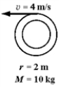 The diagram below shows five thin cylindrical shells,each shell rotating with constant angular velocity about its central axis.The magnitude of the tangential speed of one point of each cylinder is shown,along with each cylinder's radius and mass.Which cylindrical shell has the largest angular momentum? A)    B)    C)    D)    E)    