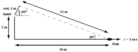 A 0.5 kg fish,hooked as shown below,starts to swim away at a speed of 3 m/s.The angular momentum of the fish relative to the hand holding the fishing rod is about   A)    . B)    . C)    . D)    . E)    . 