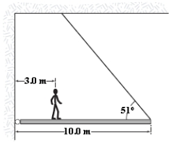 The figure shows a uniform,horizontal beam (length = 10 m,mass = 25 kg) that is pivoted at the wall,with its far end supported by a cable that makes an angle of 51° with the horizontal.If a person (mass = 60 kg) stands 3.0 m from the pivot,what is the tension in the cable?   A) 0.83 kN B) 0.30 kN C) 0.38 kN D) 0.42 kN E) 3.0 kN 