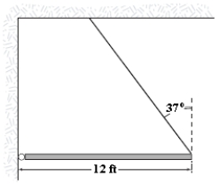 A uniform 120-lb beam is supported in a horizontal position by a pin and cable as shown in the figure.What is the magnitude of the force by the pin on the beam?   A) 94 lb B) 88 lb C) 63 lb D) 75 lb E) 150 lb 