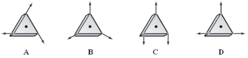 The diagrams below show forces of magnitude F applied to an equilateral triangular block of uniform thickness.In which diagram(s) is(are) the block in equilibrium?   A) A B) B C) C D) D E) A and B 