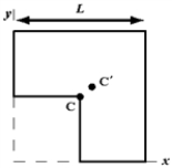 Exhibit 12-1 A square of side   is removed from one corner of a square sandwich that has sides of length L.The center of mass of the remainder of the sandwich moves from C to C'.   Use this exhibit to answer the following question(s) . -Refer to Exhibit 12-1.The displacement of the y coordinate of the center of mass (from C to C') is A)    . B)    . C)    . D)    . E)    . 
