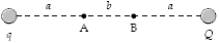 If a = 30 cm,b = 20 cm,q = +2.0 nC,and Q = −3.0 nC in the figure,what is the potential difference V<sub>A</sub> − V<sub>B</sub>?   A) +60 V B) +72 V C) +84 V D) +96 V E) +48 V 
