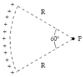 Charge of uniform density (3.5 nC/m) is distributed along the circular arc shown.Determine the electric potential (relative to zero at infinity) at point P.   A) 61 V B) 42 V C) 52 V D) 33 V E) 22 V 