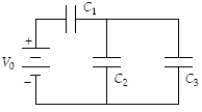 Determine the energy stored in C<sub>2</sub> when C<sub>1</sub> = 15 μF,C<sub>2</sub> = 10 μF,C<sub>3</sub> = 20 μF,and V<sub>0</sub> = 18 V.   A) 0.72 mJ B) 0.32 mJ C) 0.50 mJ D) 0.18 mJ E) 1.60 mJ 