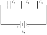 Determine the energy stored in C<sub>1</sub> when C<sub>1</sub> = 10 μF,C<sub>2</sub> = 12 μF,C<sub>3</sub> = 15 μF,and V<sub>0</sub> = 70 V.   A) 6.5 mJ B) 5.1 mJ C) 3.9 mJ D) 8.0 mJ E) 9.8 mJ 