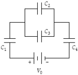 Determine the energy stored by C<sub>4</sub> when C<sub>1</sub> = 20 μF,C<sub>2</sub> = 10 μF,C<sub>3</sub> = 14 μF,C<sub>4</sub> = 30 μF,and V<sub>0</sub> = 45 V.   A) 3.8 mJ B) 2.7 mJ C) 3.2 mJ D) 2.2 mJ E) 8.1 mJ 