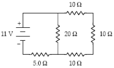 What is the magnitude of the potential difference across the 20-Ω resistor?   A) 3.2 V B) 7.8 V C) 11 V D) 5.0 V E) 8.6 V 