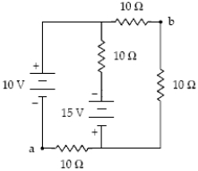 Determine the potential difference V<sub>a</sub> − V<sub>b</sub> shown in the circuit below.   A) −5.0 V B) +5.0 V C) −10 V D) +10 V E) 0 V 