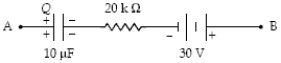 If Q = 400 μC and the potential difference V<sub>A</sub> − V<sub>B</sub> = −10 V in the circuit segment shown below,what is the current in the resistor?   A) 1.0 mA right to left B) 1.0 mA left to right C) 3.5 mA right to left D) 3.5 mA left to right E) None of the above 
