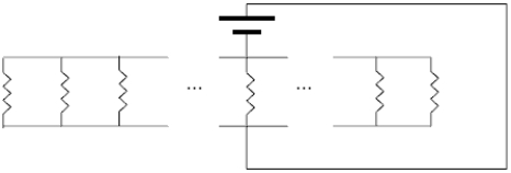 <strong>A circuit consists of N resistors,all of resistance R,connected as shown below.A potential difference V is applied to the circuit.The equivalent resistance of the circuit is </strong> A) . B) . C)R. D)NR. E)2NR.
