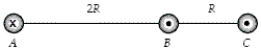 The figure shows a cross section of three parallel wires each carrying a current of 24 A.The currents in wires B and C are out of the paper,while that in wire A is into the paper.If the distance R = 5.0 mm,what is the magnitude of the force on a 4.0-m length of wire A?   A) 15 mN B) 77 mN C) 59 mN D) 12 mN E) 32 mN 