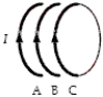 A solenoid consists of 100 circular turns of copper wire.Parts of three turns,A,B and C,are shown below.   When a current flows through the coil, A) both A and C are repelled by B. B) A is attracted to B;C is repelled by B. C) neither A nor C is attracted to or repelled by B. D) A is repelled by B;C is attracted to B. E) both A and C are attracted to B. 