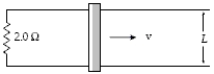 <strong>In the arrangement shown,a conducting bar of negligible resistance slides along horizontal,parallel,frictionless conducting rails connected as shown to a 2.0-Ω resistor.A uniform 1.5-T magnetic field is perpendicular to the plane of the paper.If L = 60 cm,at what rate is thermal energy being generated in the resistor at the instant the speed of the bar is equal to 4.2 m/s? </strong> A)8.6 W B)7.8 W C)7.1 W D)9.3 W E)1.8 W