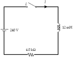 The switch in the figure is closed at t = 0 when the current I is zero.When I = 15 mA,what is the potential difference across the inductor?   A) 240 V B) 60 V C) 0 D) 180 V E) 190 V 