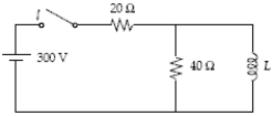 There is no current in the circuit shown in the figure below until the switch is closed.The current through the 20-Ω resistor the instant after the switch is closed is either [1] 15 A or [2] 5.0 A,and the current through the 20-Ω resistor after the switch has been closed a long time is either [3] 5.0 A or [4] 15 A.Which combination of the above choices is correct?   A) [1] and [3] B) [1] and [4] C) [2] and [3] D) [2] and [4] E) None of these 