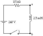 The figure shows an LR circuit with a switch and a 240-volt battery.At the instant the switch is closed the current in the circuit and the potential difference between points a and b,V<sub>ab</sub>,are   A) 0 A,0 V B) 0 A,�−240 V C) 0 A,+240 V D) 0.024 A,0 V E) 0.024 A,+240 V 